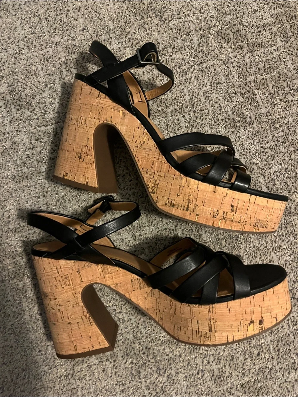 Crown Vintage Black Leather Cork Platform Wedge Strappy Sandals